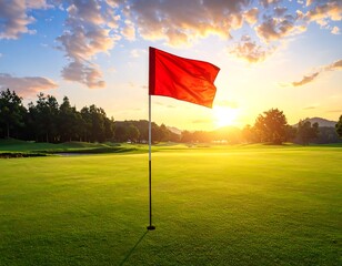 A vibrant sunrise casts a golden glow over a lush golf course with a prominent red flag waving gently in the breeze. Green grass surrounds