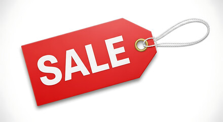 A red sale tag with white lettering and a white string on a white background for promotional use