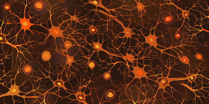 Abstract network of glowing orange neurons and synapses in a dark background representing brain activity and neural connections