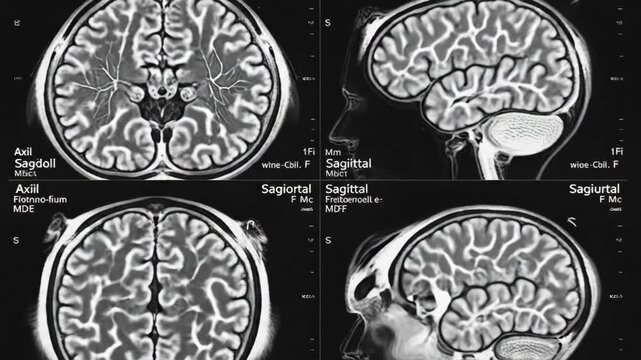 A composite set of black and white medical MRI scans displays various detailed cross sectional views of a human brain used for neurological diagnosis and scientific healthcare research