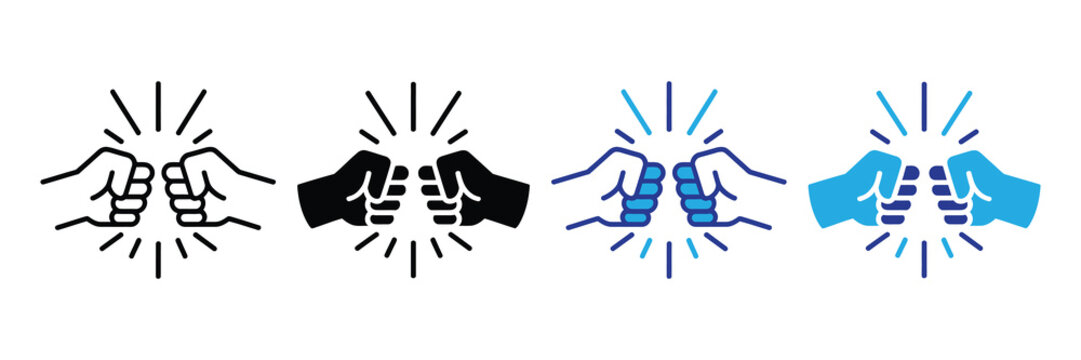 Four fist bump icons in different styles: outline, solid black, blue outline, and solid blue, representing agreement, success, and connection.