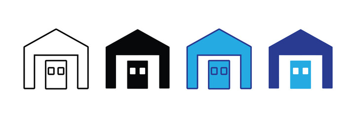 Collection of stylized warehouse or building icons with doors, presented in outline, solid black, bright blue, and dark blue variations on a white background.