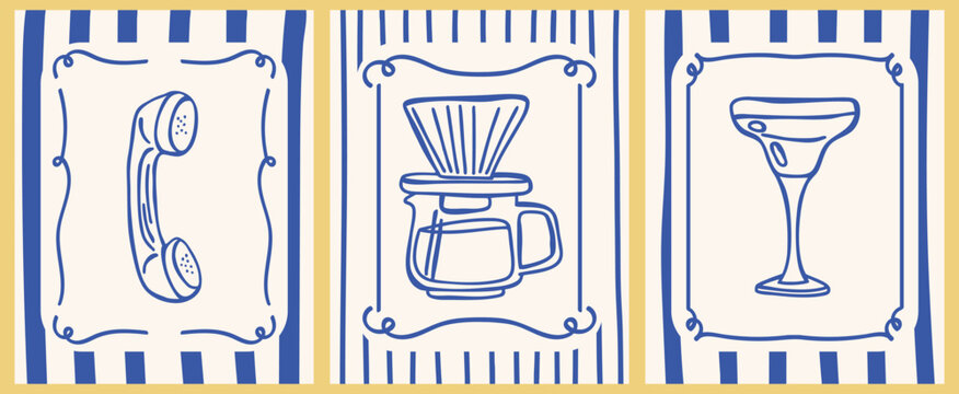 Retro minimal line illustrations of a phone, coffee dripper, and cocktail glass framed in bold blue and yellow stripes. Modern design for wall art or branding, or nostalgic visuals.