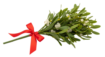 A festive bunch of mistletoe with a bright red ribbon tied around its stem isolated on transparent background