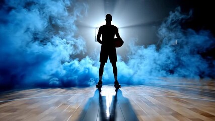 A silhouette of a basketball player holding a ball stands confidently in a dark arena surrounded by dramatic blue smoke and bright spotlights ready for the big game - Powered by Adobe