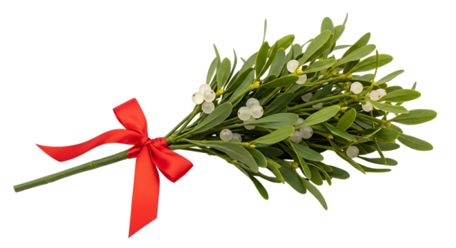 A festive bunch of mistletoe with a bright red ribbon tied around its stem isolated on transparent background