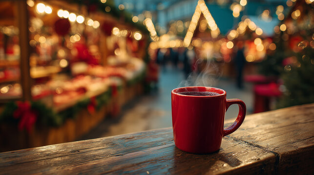 Hei&szlig;er Gl&uuml;hwein auf dem Weihnachtsmarkt &ndash; Festliche Stimmung mit Bokeh-Lichtern