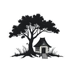 Ink painting of a small house beneath large trees. Traditional oriental ink painting sumi-e, u-sin, go-hua. Translation of hieroglyph - perfection.