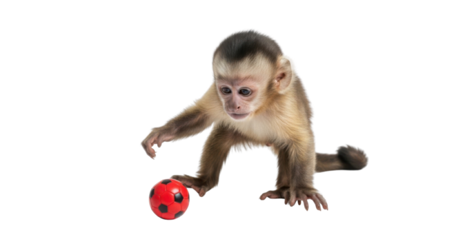 Young Capuchin monkey playing with a small ball isolated PNG with Transparent Background