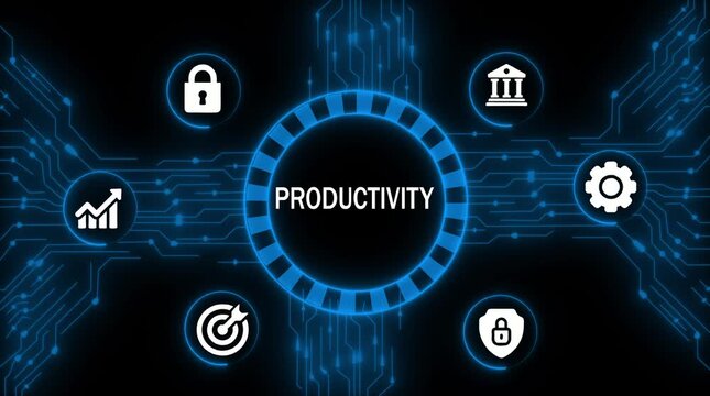 Digital productivity hub with growth chart lock target gear and bank icons on futuristic circuit board background
