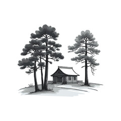 Ink painting of a small house beneath large trees. Traditional oriental ink painting sumi-e, u-sin, go-hua. Translation of hieroglyph - perfection.