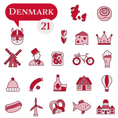 A set of red and white icons dedicated to life in Denmark.