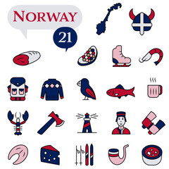 A set of icons in blue and red colors dedicated to life in Norway.