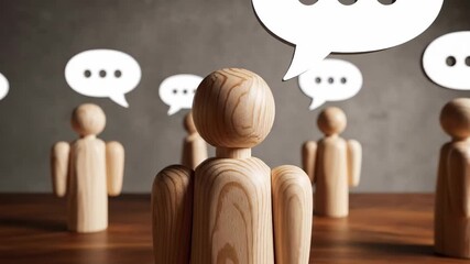A wooden mannequin figure stands with a speech bubble icon among others in a group representing communication social media feedback and the public opinion voice in a crowd