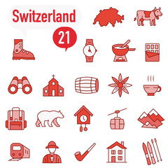 A set of red and white icons dedicated to life in Switzerland.