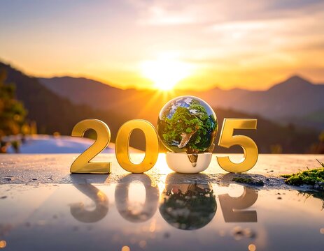 Golden numerals 2025 atop water reflect a globe with nature against a sunset mountain scene