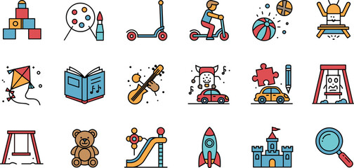 Colorful filled outline icon pack of various childrens toys and activities.
