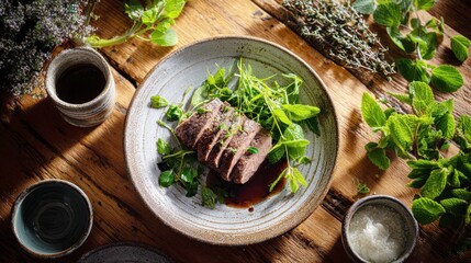 Sliced duck breast with fresh herbs and dark sauce on artisan ceramic plate. Contemporary culinary presentation featuring tender meat, microgreens, and rustic wooden table setting