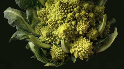 Stunning romanesco broccoli cauliflower head with fractal geometric pattern and vibrant chartreuse color displaying natural mathematical beauty against dark dramatic background