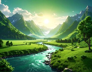 A vibrant valley scene features a winding river flowing through lush green fields, framed by towering mountains and a bright sun