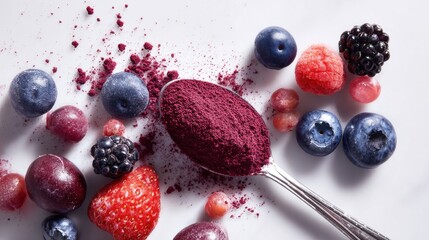Vibrant freeze dried berry powder on metal spoon surrounded by fresh blueberries raspberries blackberries and strawberries showcasing natural superfood ingredients for healthy nutrition supplements