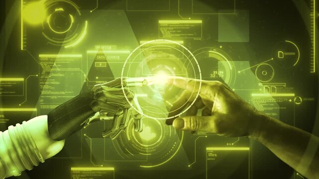 High quality 3D CGI of a robot arm reaching out and touching index fingertips with a human hand and activating a spinning tech gizmo and animated background AI data elements, in yellow color scheme 4k