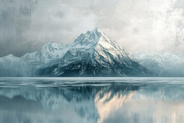 Majestic snow-covered mountains perfectly reflected in a still, icy lake under a dramatic cloudy sky, showcasing a breathtaking frozen wilderness.