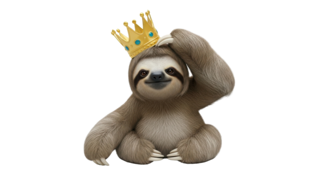 Cute sloth wearing a golden crown isolated PNG with Transparent Background