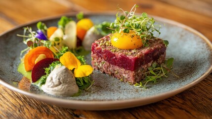 Premium beef tartare tower topped with golden egg yolk and microgreens, elegantly plated with colorful vegetables and edible flowers on modern ceramic dish for fine dining experience
