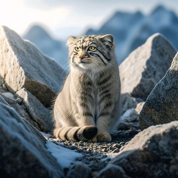 Pallas&rsquo;s Cat Sitting on Rocky Habitat