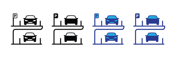 Illustration of a multi-level parking garage with cars on each level and parking signs, depicted in black and white and blue outline icon styles on white backgrounds.