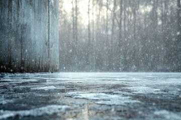 Obraz premium Close-up of icy ground with falling snow, a frosty wall, and blurred winter trees bathed in soft light in the background.