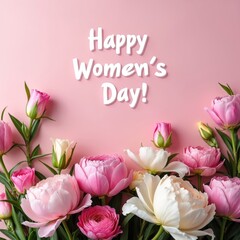 Fototapeta premium Happy Womens Day greeting card banner with delicate pink white flowers. Congratulation text banner background for holiday events celebration. Gentle floral design layout template for creative