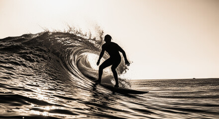 A silhouette of a surfer expertly carves through the cresting wave, capturing a moment of powerful athleticism in the heart of the ocean.