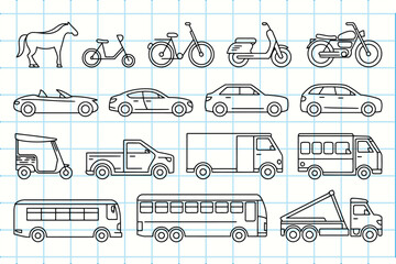 Collection of hand drawn vehicle illustrations on a grid background