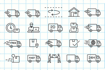 Hand drawn delivery truck and logistics icons on grid paper
