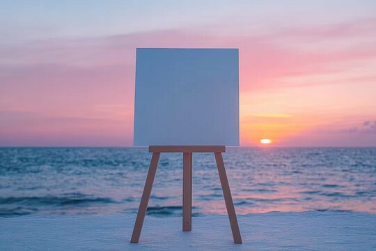 Blank canvas on wooden easel overlooks serene ocean sunset. Pink and purple hues fill sky above calm waves, inspiring artistic creation. - Powered by Adobe
