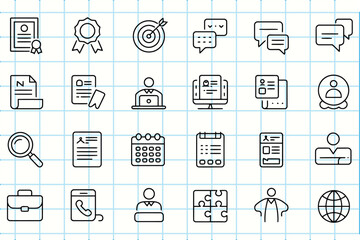 Collection of hand drawn business icons on grid paper background