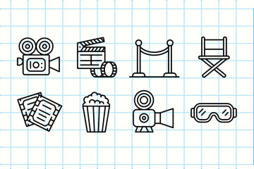 Collection of hand drawn movie and film icons on a grid background