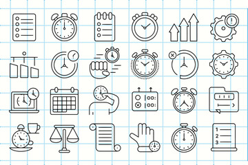 Time management icons: alarm, clock, calendar, stopwatch, progress, task list