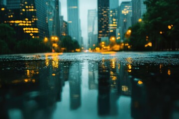 Fototapeta premium Rain-soaked city street at night. Glistening puddles reflect blurred urban lights, towering buildings, creating a dramatic, atmospheric cityscape view.