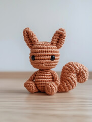 A handcrafted crochet squirrel sitting. It is made from brown yarn and has a fluffy tail, adorable eyes, and a cute expression. A delightful creation of yarn.