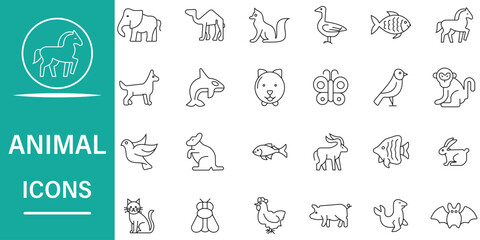 Animals line icon set. Animal thin line icon related to horse, dog, rabbit, owl, fox, wolf, monkey, lion, pig, cat, elephant, duck, hen, tiger, and more symbol. Editable vector illustration.