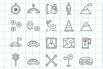 Hand drawn navigation and travel icons on grid paper background