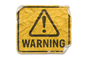 Old warning sign with exclamation mark, weathered textured yellow danger sticker, transparent background