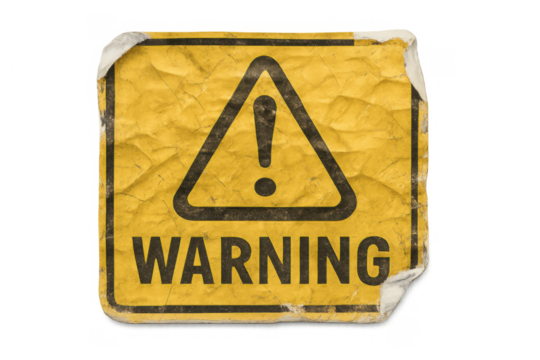 Old warning sign with exclamation mark, weathered textured yellow danger sticker, transparent background