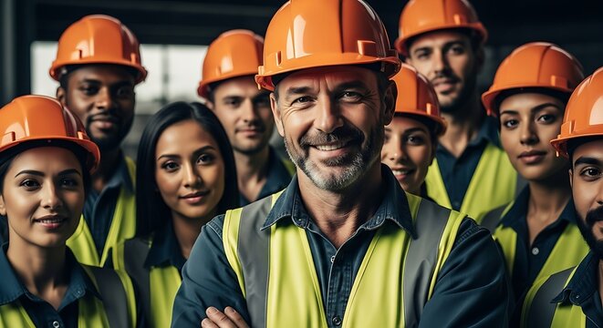 Diverse Construction Crew Workforce Team Portrait in Hard Hats and Safety Gear