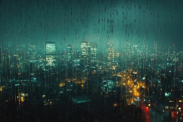 Obraz premium A moody night city view through a rain-streaked window, showcasing blurred urban lights and a captivating, atmospheric scene.