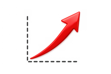 Red glossy arrow showing growth on a dotted line chart, symbolizing business success, financial increase, and progress, transparent background