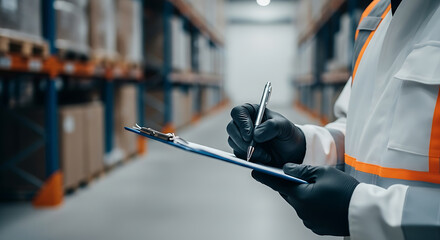 Worker in black gloves writing on a clipboard in a warehouse environment checking inventory levels and storage.